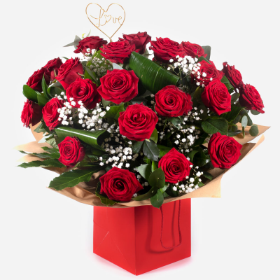 Ace of Hearts - Two dozen gorgeous red roses with a peppering of gyp and green. The definitive star of the show when it comes to flowers for loved ones.